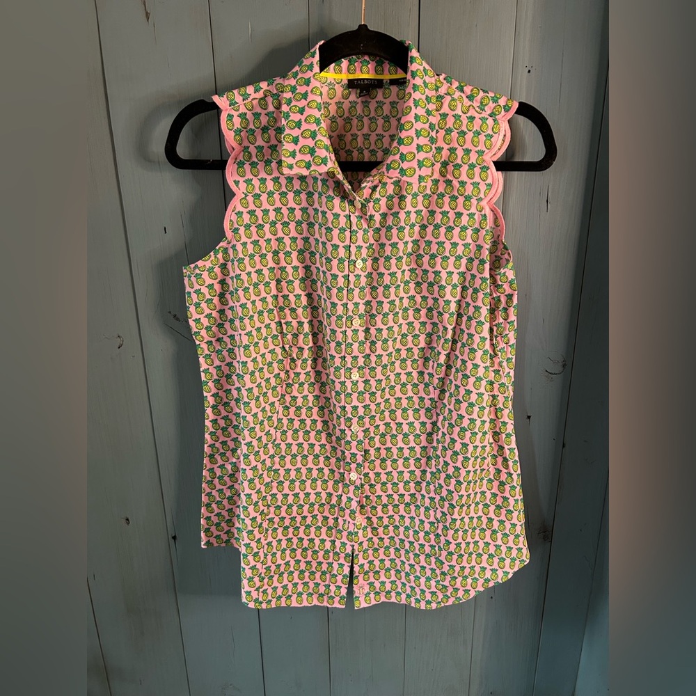 Talbots Pink Sleeveless Pineapple-Print Scallop Collar Shell - Size 6